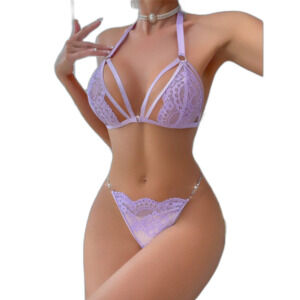 Large Purple Lavender Floral Lace Semi-Sheer Harness Lingerie Set